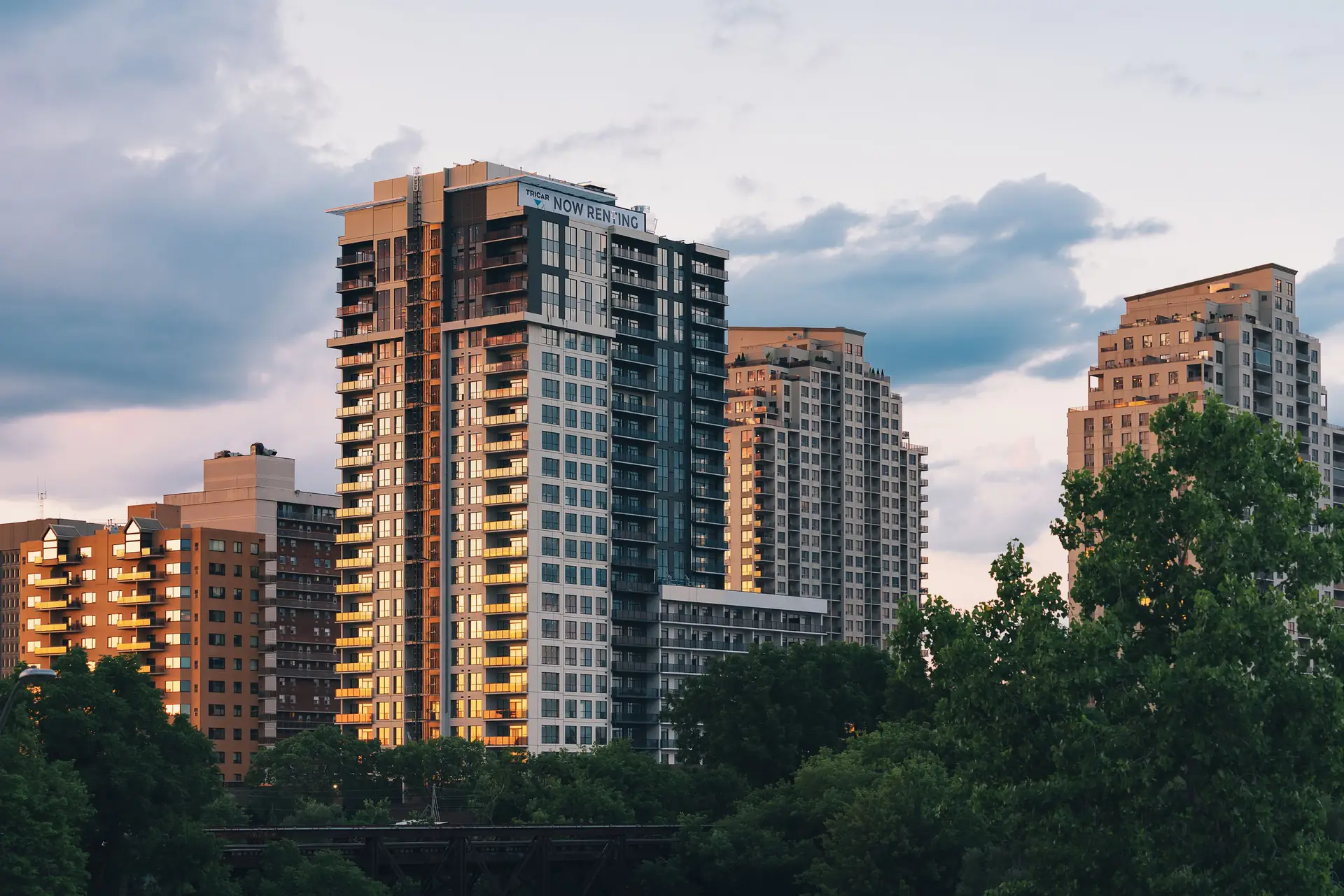 Apartment and condominium towers in London catching the evening sun