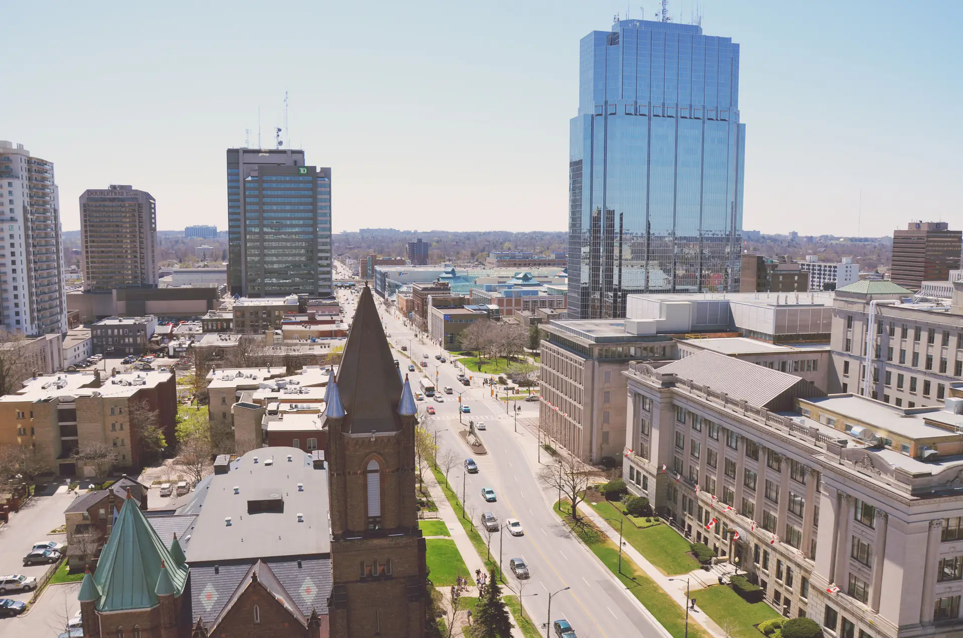 Downtown London from above, Richmond Street running north past St. Paul's Cathedral