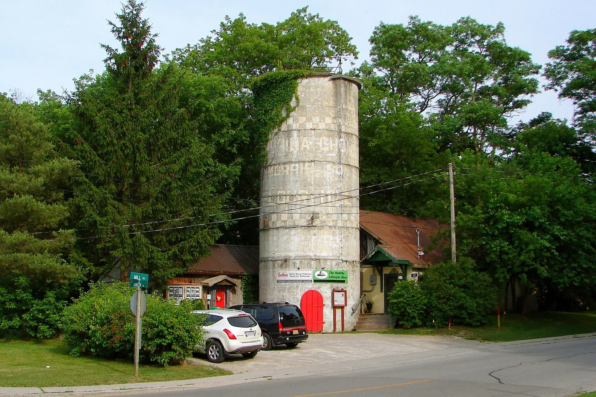 Shops and the old mill buildings along the main street of Dorchester