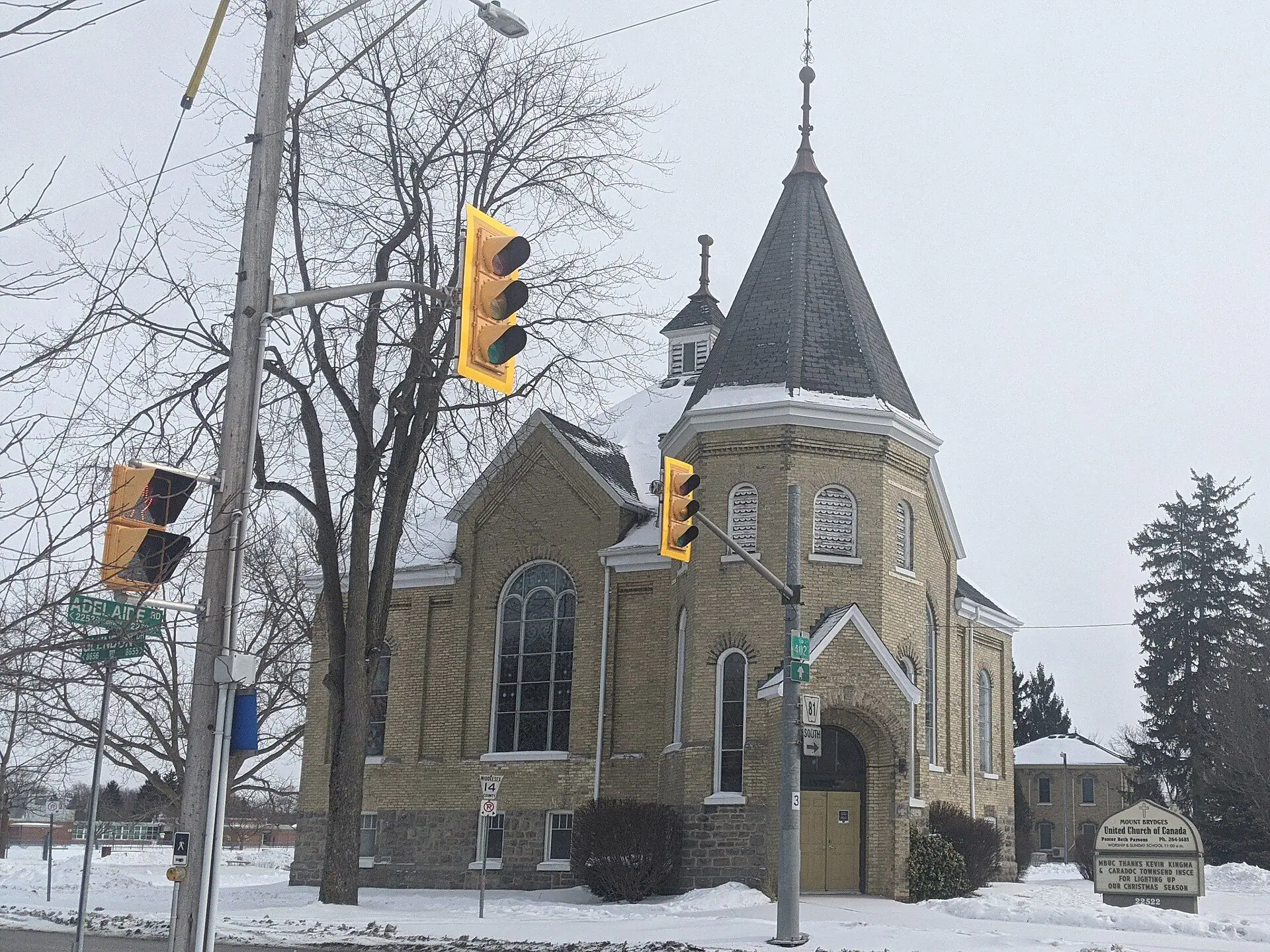 Mount Brydges United Church, a red-brick church with a square tower