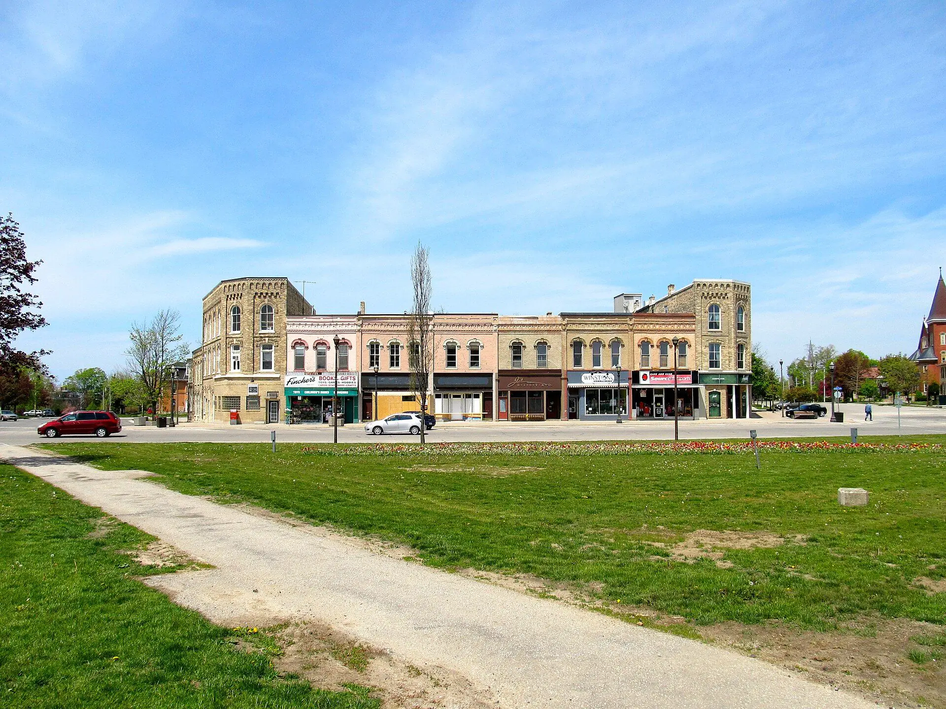 Stone and brick storefronts around The Square in Goderich