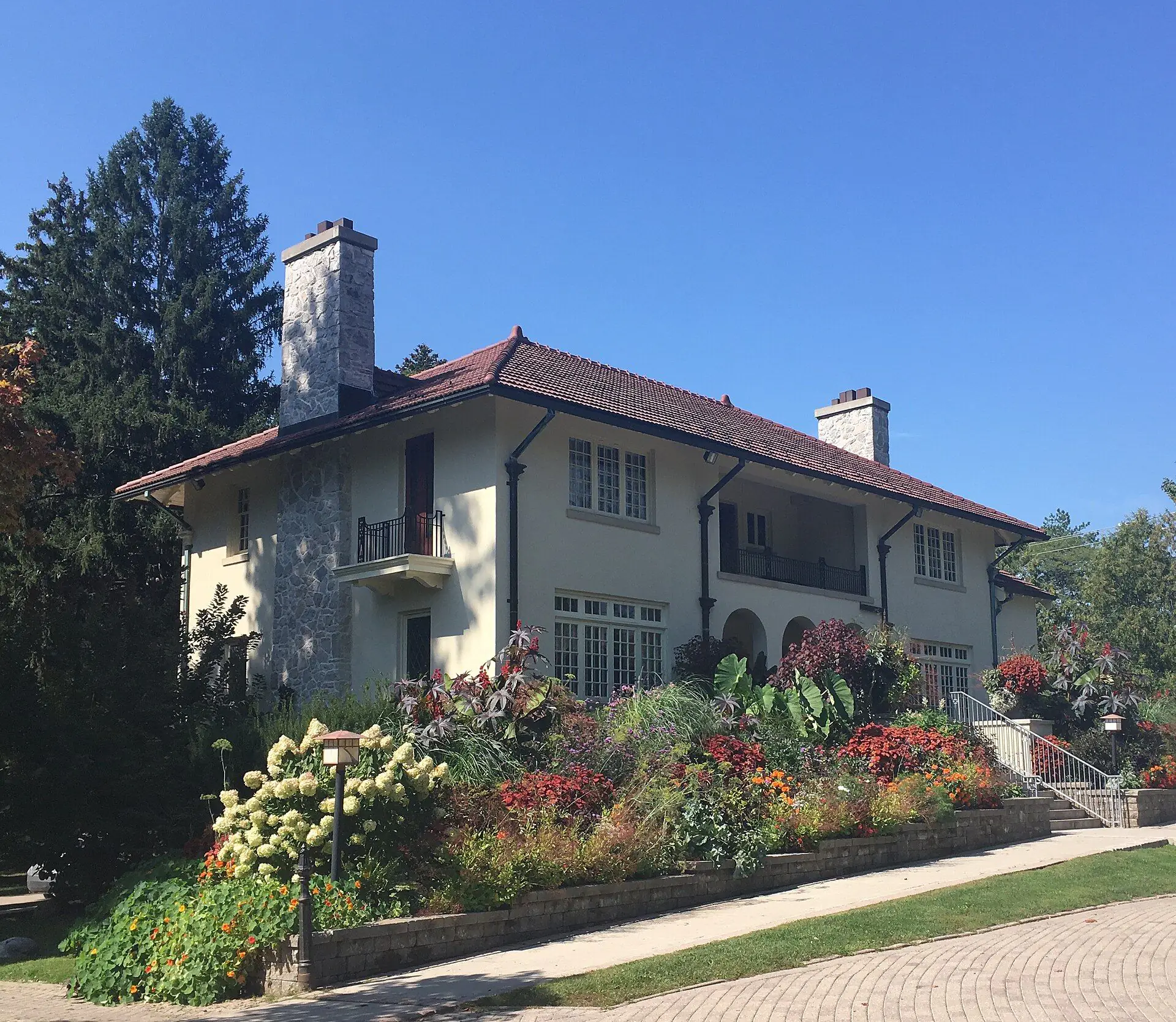The Elsie Perrin Williams Estate house above its flower gardens in north London