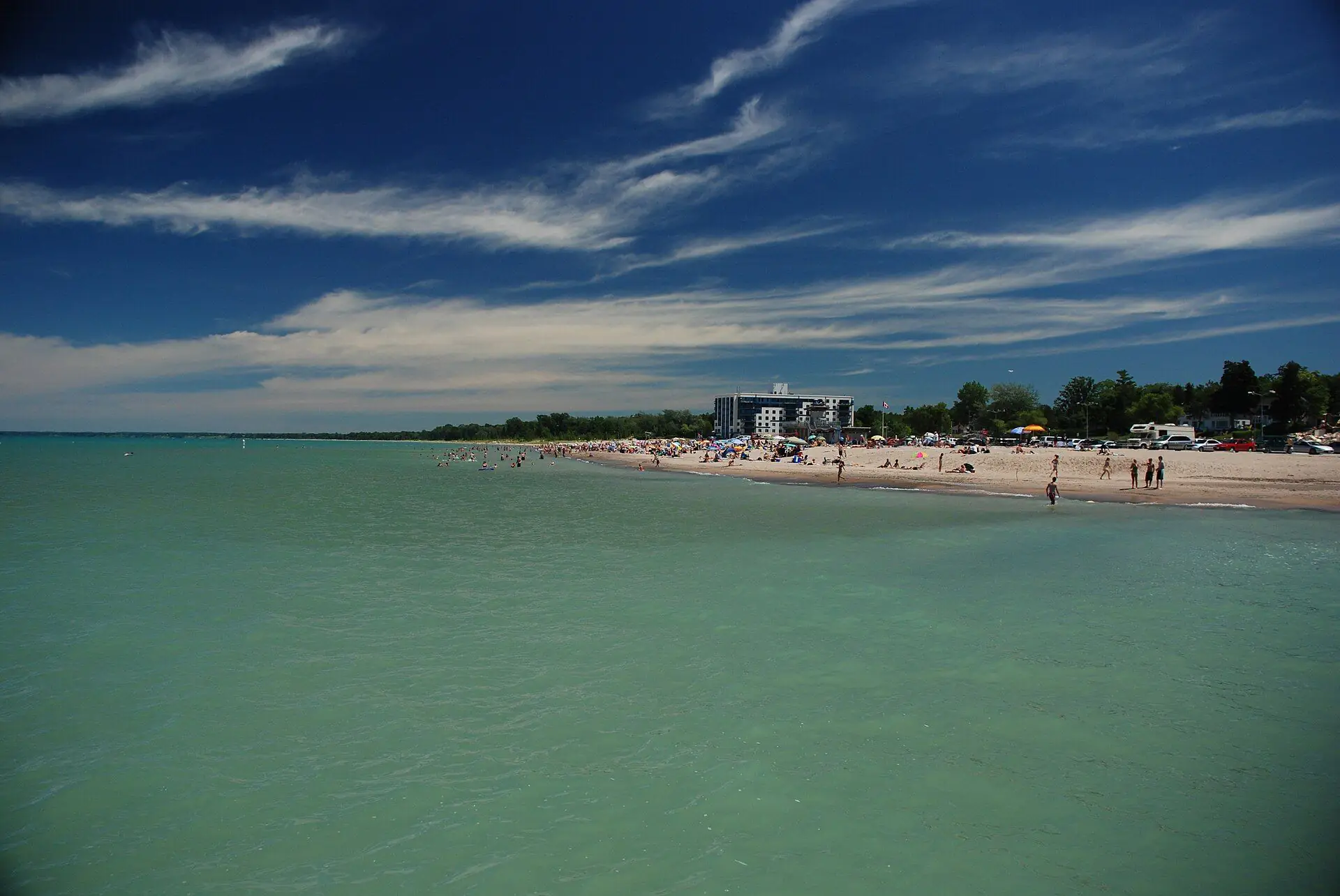 The main beach at Grand Bend on Lake Huron, seen from the pier