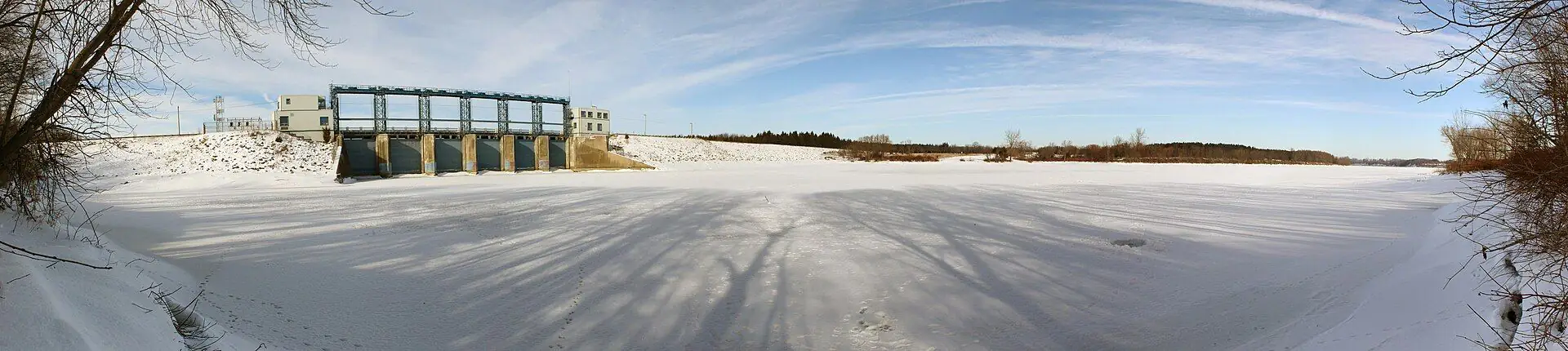 The Fanshawe Dam and frozen Fanshawe Lake under a winter sky