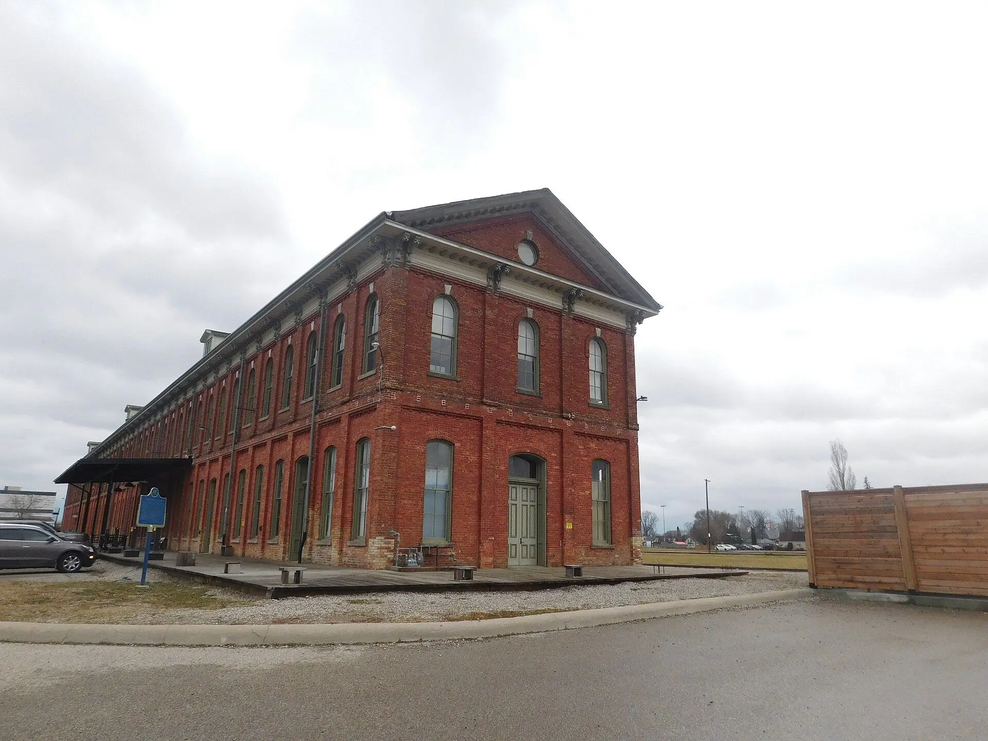 The long red-brick Canada Southern Railway station in St. Thomas