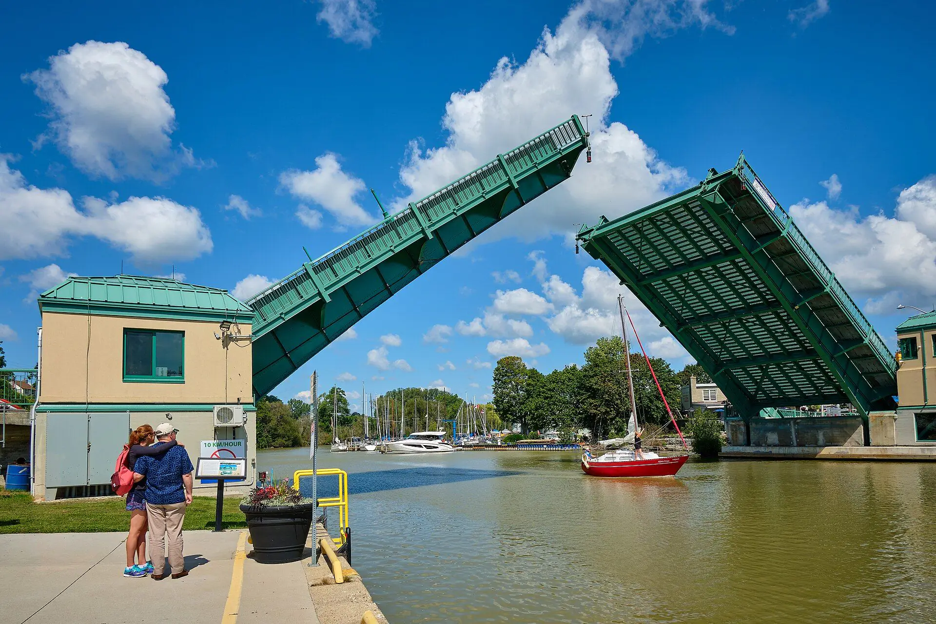 The King George VI lift bridge raised for a sailboat on Kettle Creek, Port Stanley