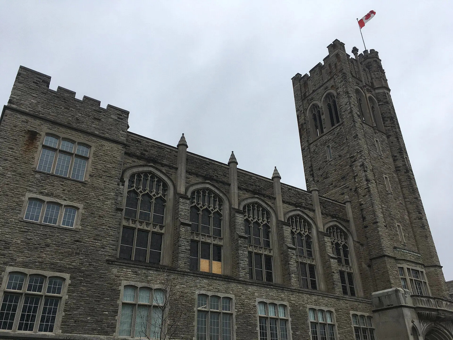 The collegiate gothic tower of University College at Western University
