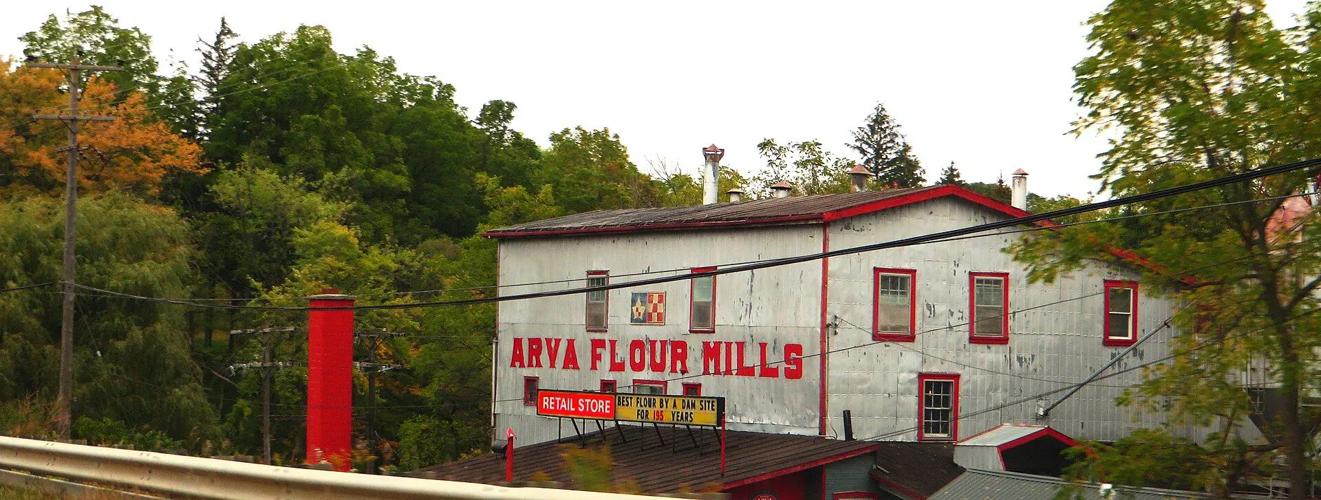 The Arva Flour Mill, with its painted sign, beside Richmond Street in Arva